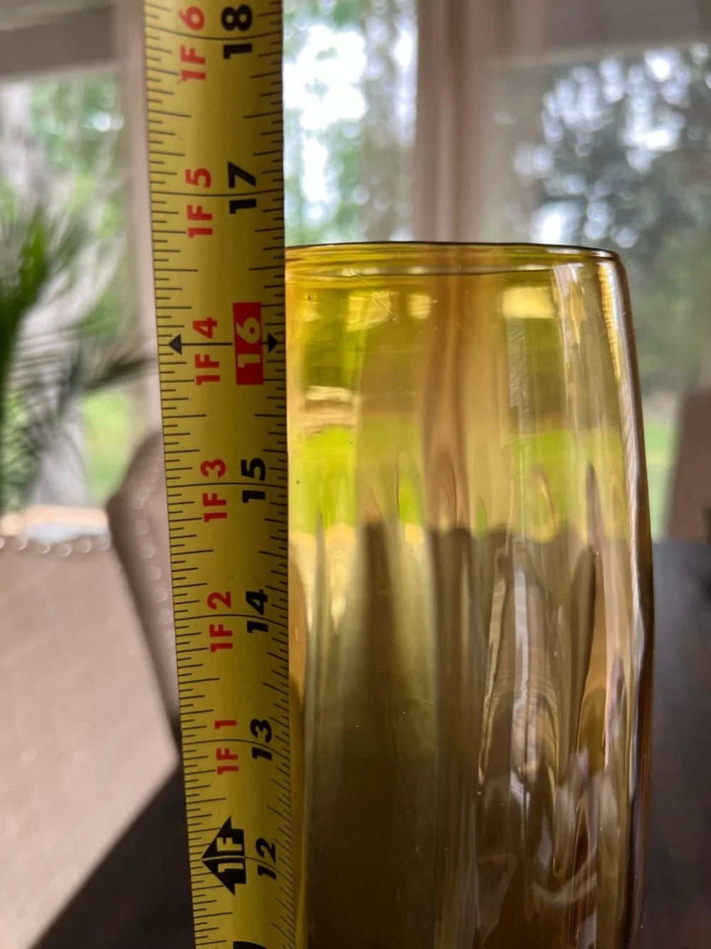 Tall Amber Glass Stem Vase 16.5” Mid Century Modern Decor Optic Panel
